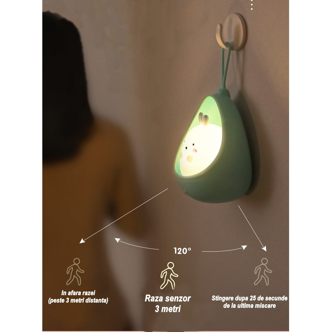 Lampa de Veghe Portabila Copii cu Senzor de Miscare, Silicon Non-Toxic, Reincarcabila USB, 2 Moduri Lumina, 1200mAh, Design Iepuras, Albastru