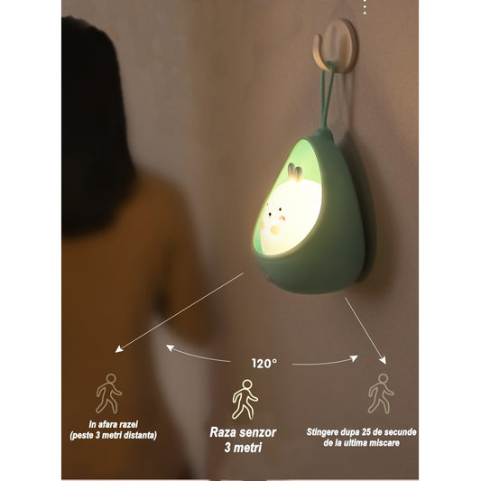 Lampa De Veghe Portabila Pentru Copii Cu Senzor De Miscare, Silicon Non-Toxic Si Plastic, Reincarcabila USB, Acumulator 1200mAh, Model Iepuras, Albastru