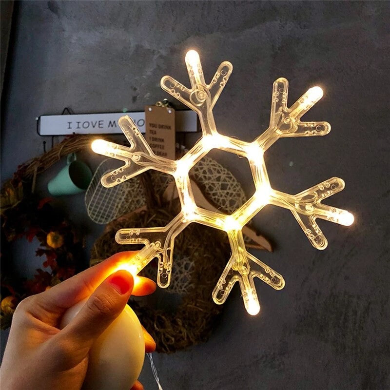Decoratiune de Craciun Luminoasa in Forma de Fulg, Figurina LED cu Ventuza pentru Geam, Plastic, Alb Cald, 19x19 cm