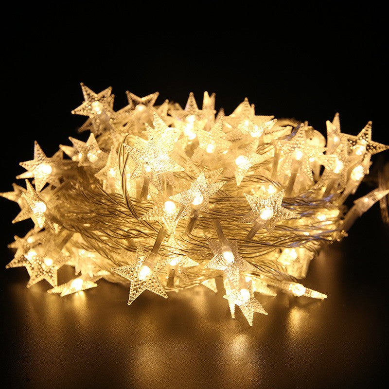 Instalatie Craciun cu 80 LED-uri tip Steluta, Alimentare pe Baterii, Lungime 10 Metri, Fir Cupru Transparent, Lumina Alb Cald