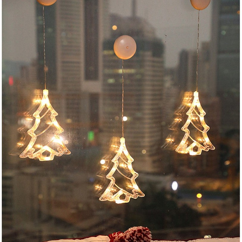 Decoratiune de Craciun Luminoasa, Brad cu LED si Ventuza pentru Geam, Figurina Suspendata din Plastic, Alimentare Baterii, Alb Cald, 21x13 cm
