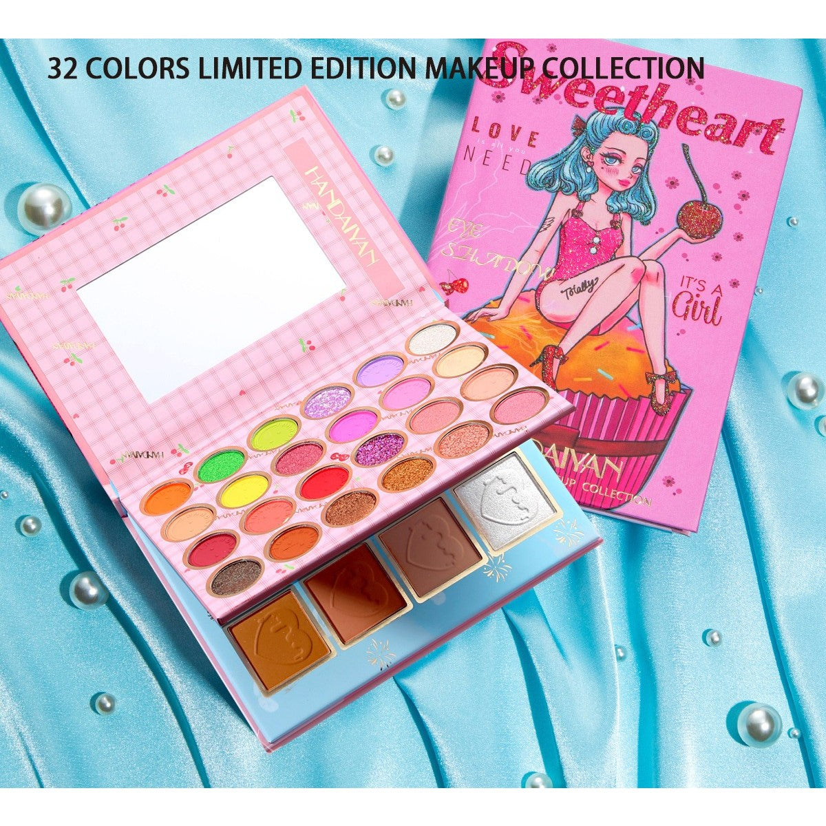 Trusa Machiaj Sweetheart, Paleta Farduri de Pleoape, Iluminator si Blush, Textura Fina cu Finish Mat si Metalic, 32 Culori Pigmentate