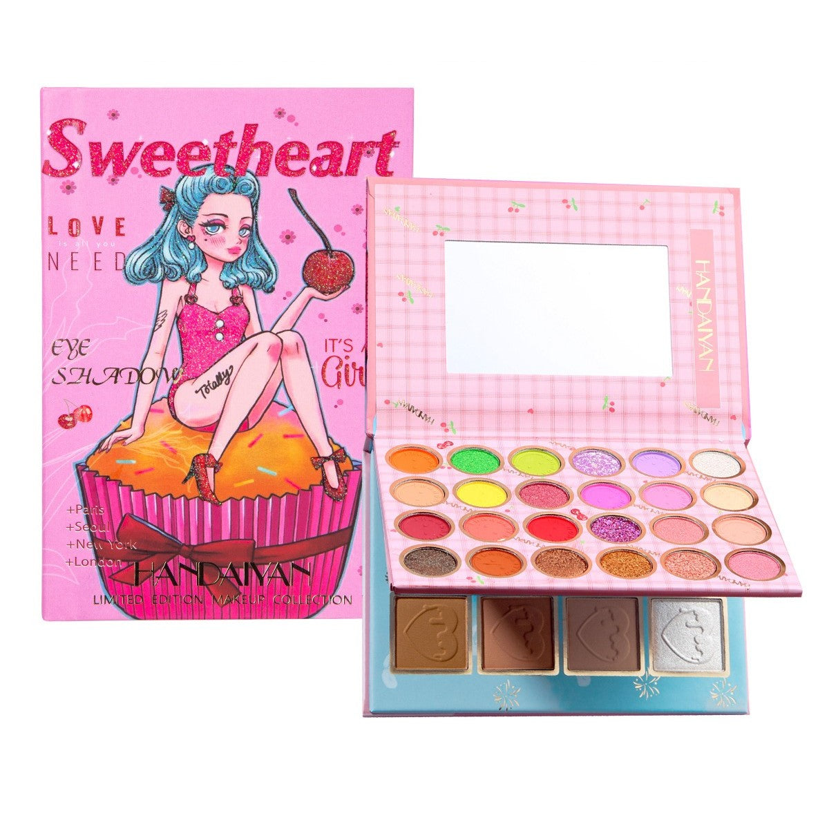 Trusa Machiaj Sweetheart, Paleta Farduri de Pleoape, Iluminator si Blush, Textura Fina cu Finish Mat si Metalic, 32 Culori Pigmentate