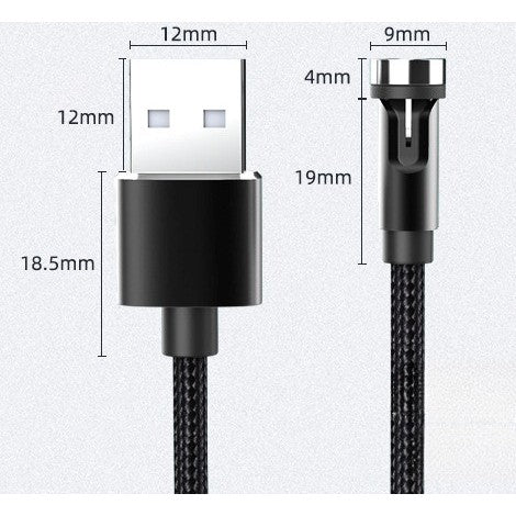 Cablu Incarcare Magnetic 3 in 1, Rotatie 540 Grade, Nylon Impletit, Indicator LED, 3 Conectori Micro USB, Tip C si Lightning, 2 m, Negru