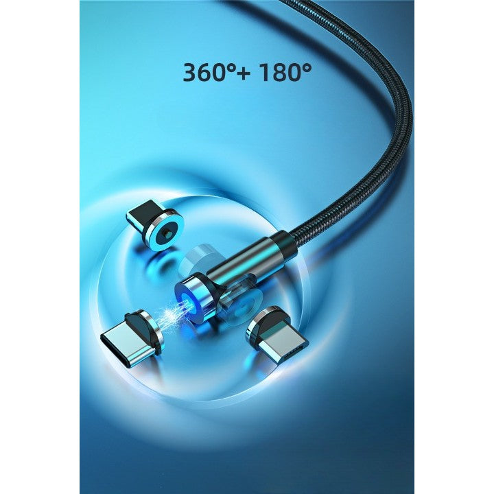 Cablu Incarcare Magnetic 3 in 1, Rotatie 540 Grade, Nylon Impletit, Indicator LED, 3 Conectori Micro USB, Tip C si Lightning, 2 m, Negru