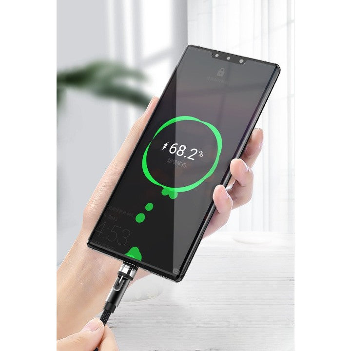 Cablu Incarcare Magnetic 3 In 1, Rotatie 540 Grade, Conectori Micro-USB, Type-C, Lightning, Nylon Impletit, Indicator LED, 1 m, 2.4 A, Negru