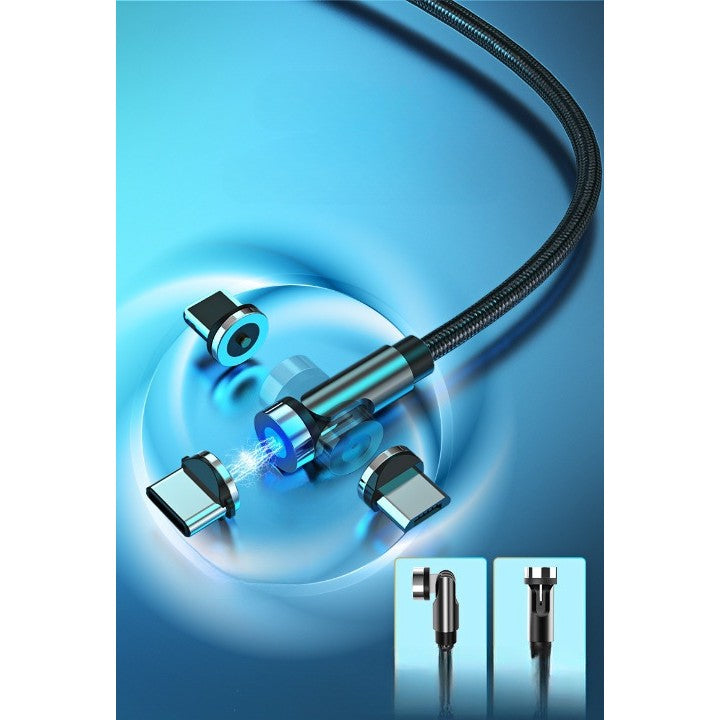 Cablu Incarcare Magnetic 3 In 1, Rotatie 540 Grade, Conectori Micro-USB, Type-C, Lightning, Nylon Impletit, Indicator LED, 1 m, 2.4 A, Negru