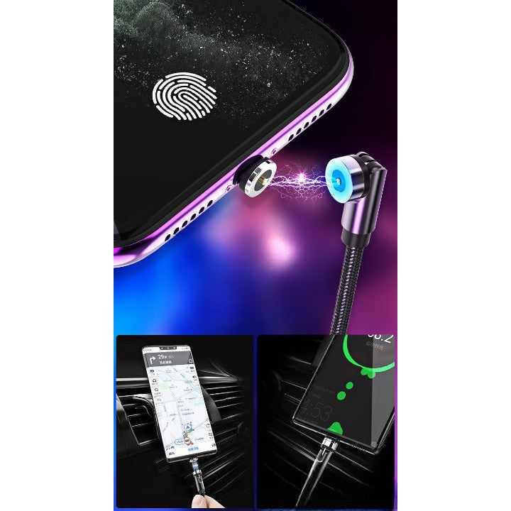 Cablu Incarcare Magnetic 3 In 1, Rotatie 540 Grade, Conectori Micro-USB, Type-C, Lightning, Nylon Impletit, Indicator LED, 1 m, 2.4 A, Negru