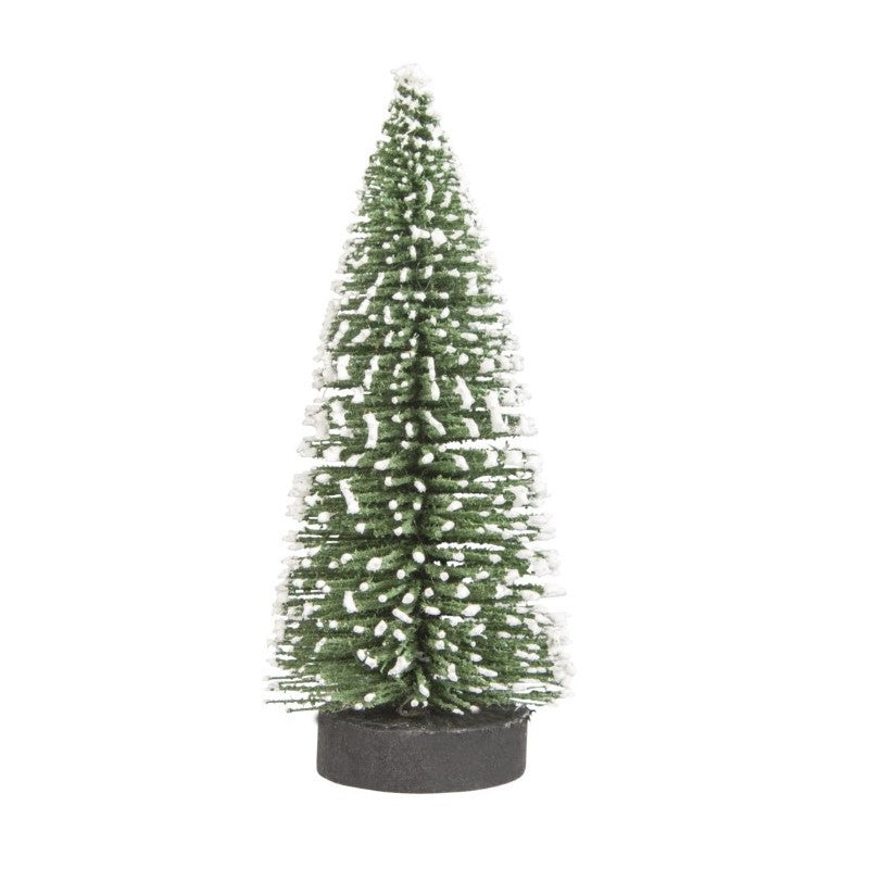 Brad Artificial de Crăciun, Ornament Masă pe Suport de Lemn, Verde Înzăpezit, 15 cm