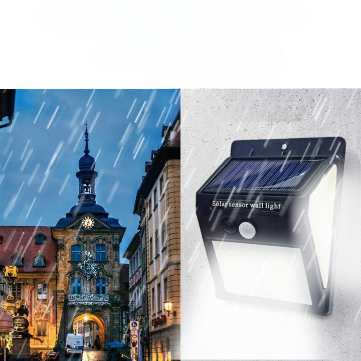 Lampa Solara de Perete cu Senzor de Miscare si Lumina, 64 LED, Unghi Detectie 180 Grade, Acumulator 1200 mAh, Exterior, Plastic ABS, Negru
