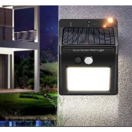 Lampa Solara de Perete cu Senzor de Miscare si Lumina, 64 LED, Unghi Detectie 180 Grade, Acumulator 1200 mAh, Exterior, Plastic ABS, Negru