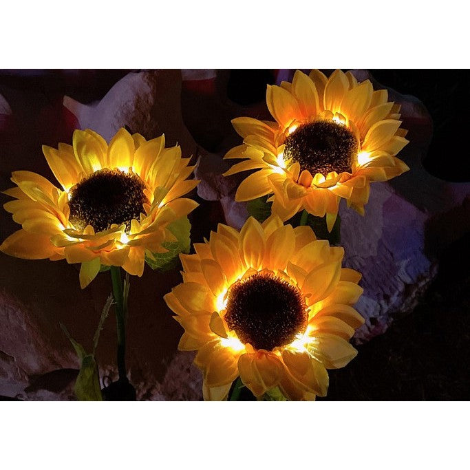 Lampa Solara LED Decorativa Floarea Soarelui, 3 Flori cu 30 Micro-LED-uri, Senzor de Lumina si Protectie IP65, Plastic, Inaltime 70 cm, Galben/Verde