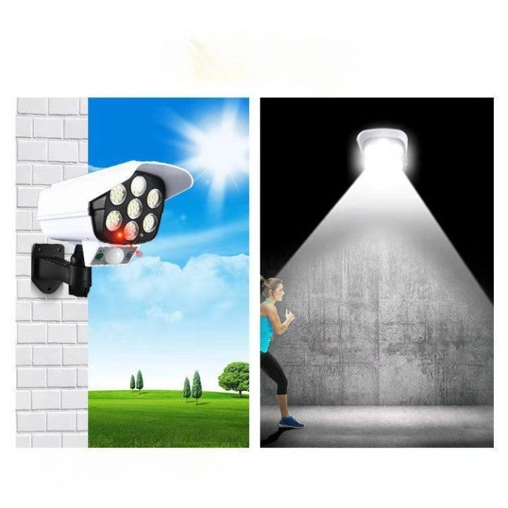 Camera Supraveghere Falsa Cu Incarcare Solara, Proiector 77 LED-uri, Senzor Miscare Si Telecomanda, Rezistenta Apa, 3 Moduri Iluminare, Alb-Negru