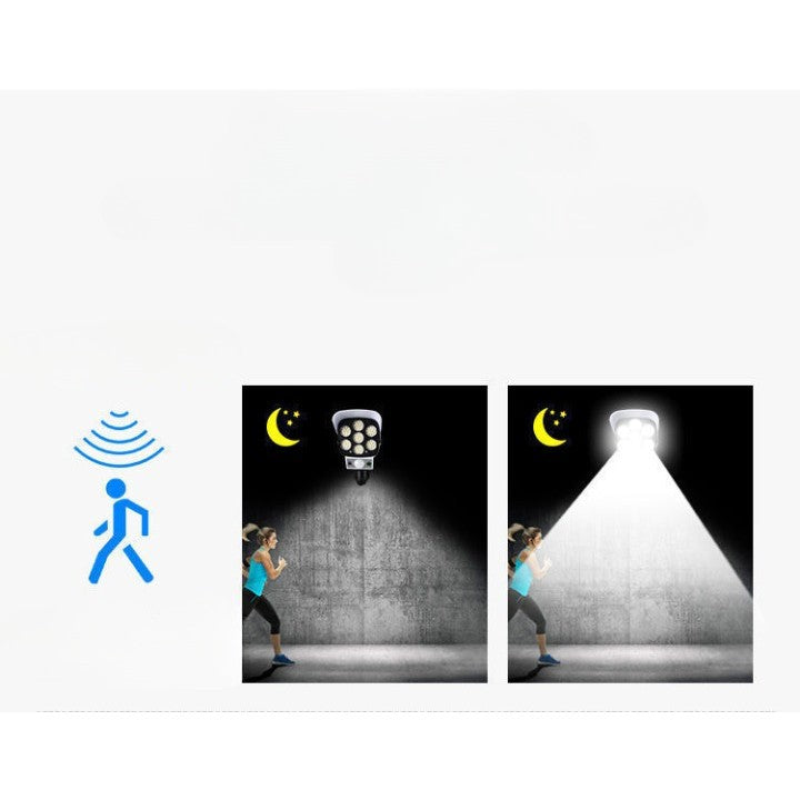 Camera Supraveghere Falsa Cu Incarcare Solara, Proiector 77 LED-uri, Senzor Miscare Si Telecomanda, Rezistenta Apa, 3 Moduri Iluminare, Alb-Negru