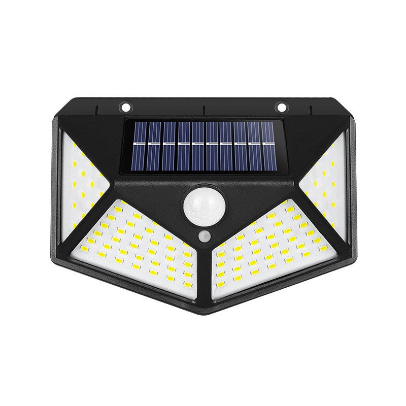Lampa Solara Cu Senzor De Miscare Si Lumina, Proiector LED Exterior Cu 4 Zone De Iluminare, Montaj Pe Perete Fara Cabluri, Material ABS, 100 LED, Acumulator 1200 mAh, Negru