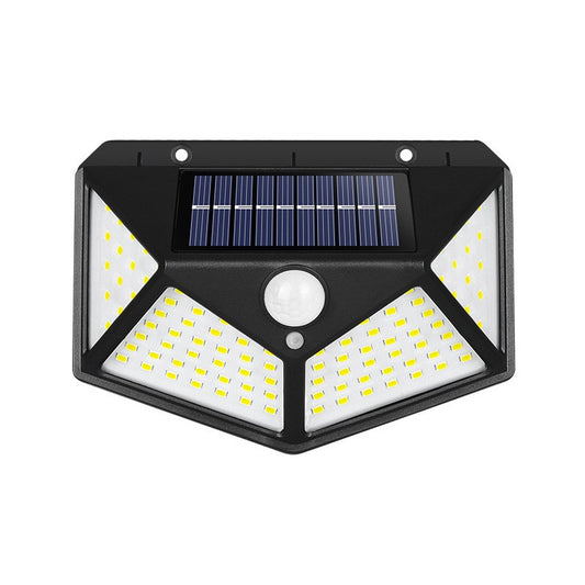 Lampa Solara Cu Senzor De Miscare Si Lumina, Proiector LED Exterior Cu 4 Zone De Iluminare, Montaj Pe Perete Fara Cabluri, Material ABS, 100 LED, Acumulator 1200 mAh, Negru