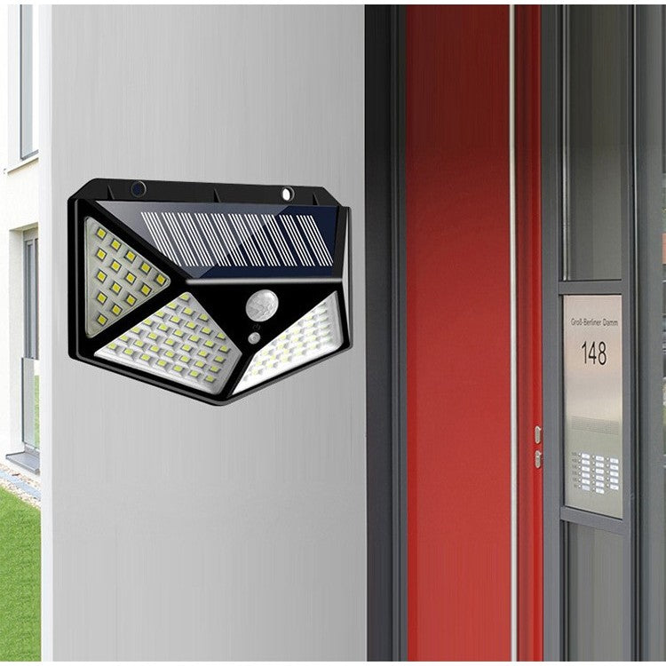 Lampa Solara Cu Senzor De Miscare Si Lumina, Proiector LED Exterior Cu 4 Zone De Iluminare, Montaj Pe Perete Fara Cabluri, Material ABS, 100 LED, Acumulator 1200 mAh, Negru