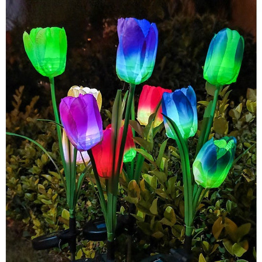 Lampa Solara Gradina Tip Lalele, 3 Flori cu 30 LED-uri, Senzor de Lumina si Panou Solar, Protectie IP65, Plastic, Inaltime 78 cm, Multicolor