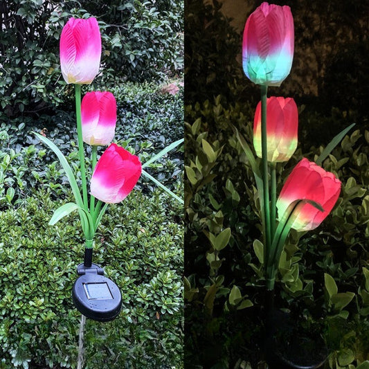 Lampa Solara Gradina Tip Lalele, 3 Flori cu 30 LED-uri, Senzor de Lumina si Panou Solar, Protectie IP65, Plastic, Inaltime 78 cm, Multicolor