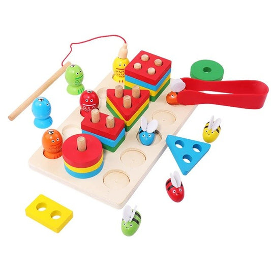 Jucarie Montessori de Sortat si Pescuit Magnetic 3-in-1, Joc Educativ cu Forme Geometrice, Pestisori si Albinute, Lemn Natural, 22.5 x 13 x 5.3 cm, Multicolor, +3 Ani
