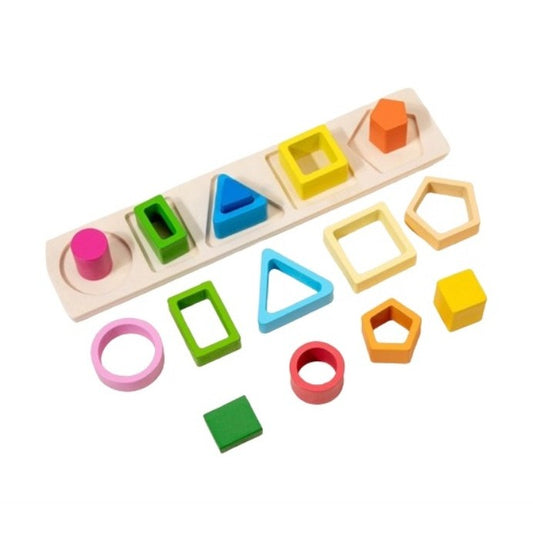 Jucarie Montessori de Sortat Tip Puzzle, Forme Geometrice Asimetrice pe Coloane, Lemn Natural, 15 Piese, +2 Ani, Multicolor