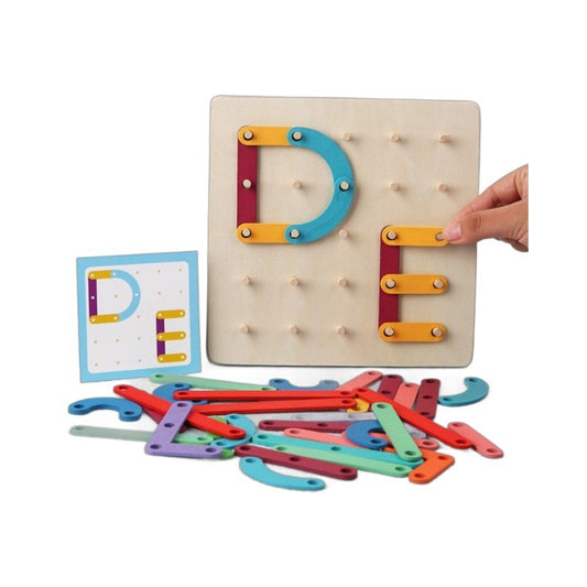 Jucarie Montessori Pegboard, Puzzle Educativ din Lemn pentru Invatare Litere si Forme, Include 20 Cartonase si 42 Piese Colorate, 17.8 x 17.8 x 1.5 cm, Multicolor