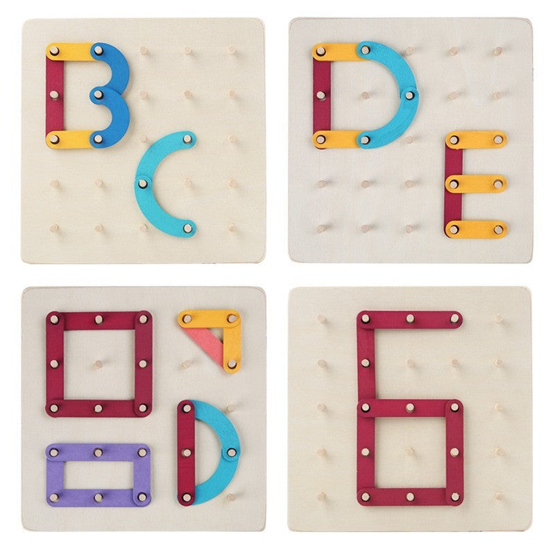 Jucarie Montessori Pegboard, Puzzle Educativ din Lemn pentru Invatare Litere si Forme, Include 20 Cartonase si 42 Piese Colorate, 17.8 x 17.8 x 1.5 cm, Multicolor