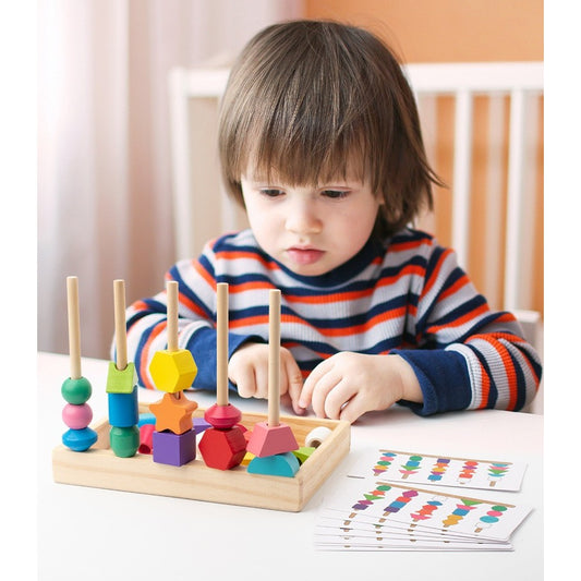 Jucarie Montessori de Sortat Forme Geometrice, Joc Educativ cu 16 Modele si 2 Sfori de Insirat, Lemn, 25 Piese, 3+ Ani, Multicolor, 21.5 x 16 x 3 cm