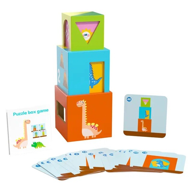 Jucarie de Construit Puzzle Box, Blocuri Stivuibile Educative, 48 de Modele, Lemn, 4-6 Ani, 5 Cuburi, Multicolor, 12.8 cm
