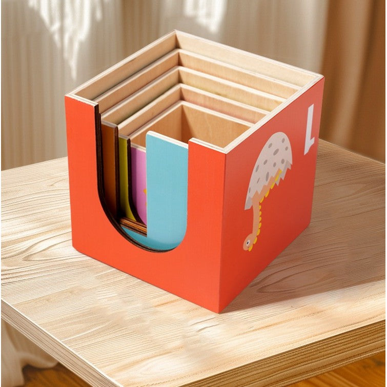 Jucarie de Construit Puzzle Box, Blocuri Stivuibile Educative, 48 de Modele, Lemn, 4-6 Ani, 5 Cuburi, Multicolor, 12.8 cm