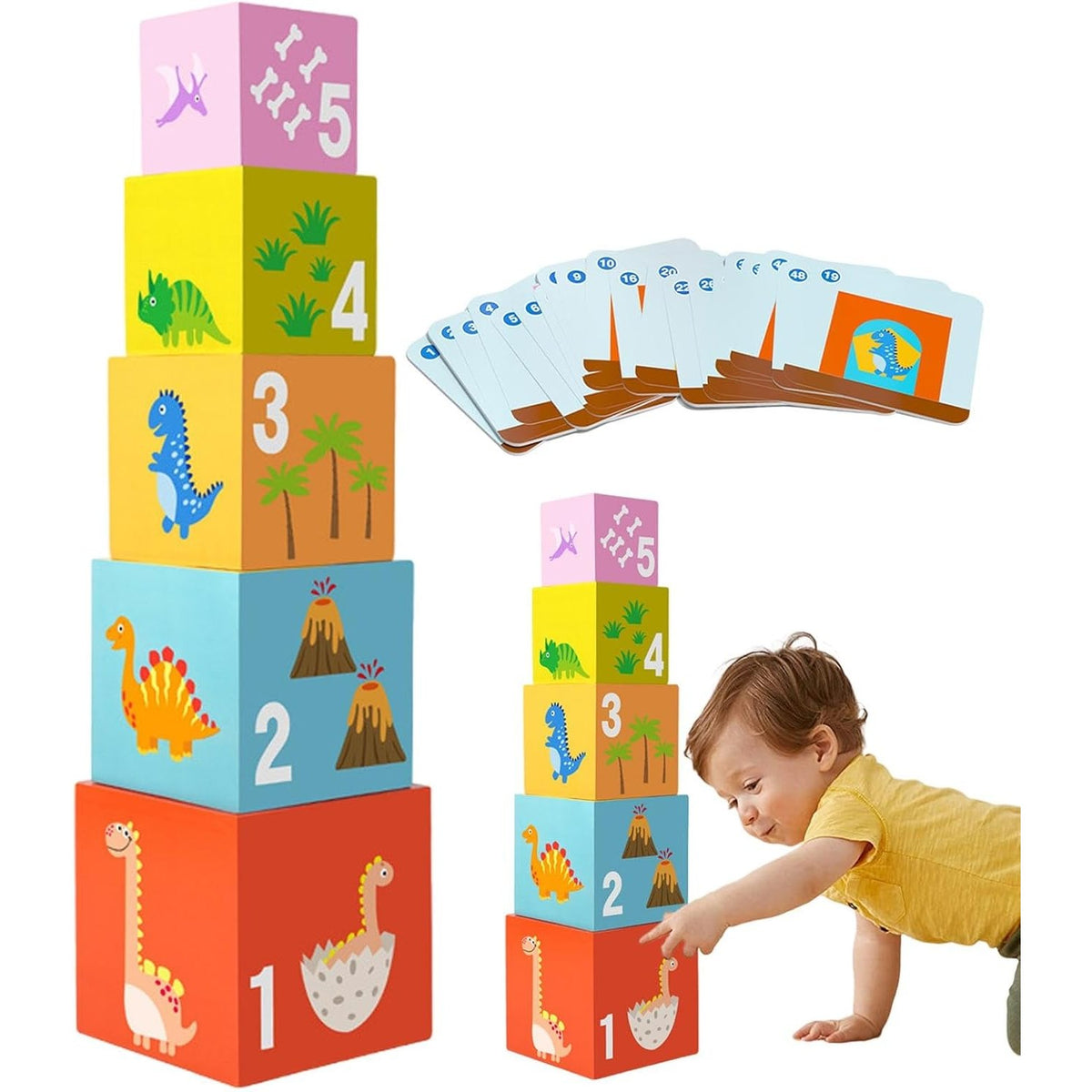 Jucarie de Construit Puzzle Box, Blocuri Stivuibile Educative, 48 de Modele, Lemn, 4-6 Ani, 5 Cuburi, Multicolor, 12.8 cm