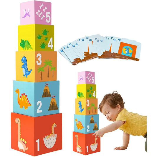 Jucarie de Construit Puzzle Box, Blocuri Stivuibile Educative, 48 de Modele, Lemn, 4-6 Ani, 5 Cuburi, Multicolor, 12.8 cm