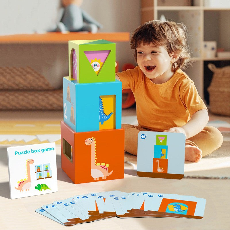 Jucarie de Construit Puzzle Box, Blocuri Stivuibile Educative, 48 de Modele, Lemn, 4-6 Ani, 5 Cuburi, Multicolor, 12.8 cm
