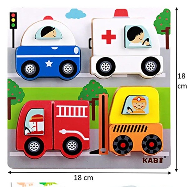 Jucarie Montessori, Puzzle 3D din Lemn, Model Vehicule si Masini, Educativ si Interactiv, Multicolor, 3 Ani+, 18 x 18 x 1.5 cm