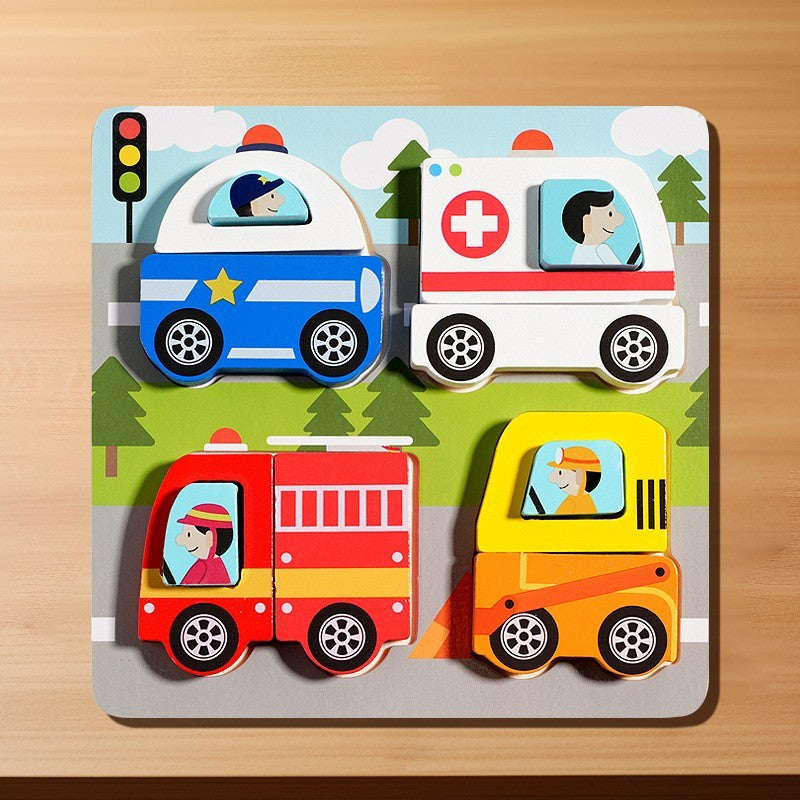 Jucarie Montessori, Puzzle 3D din Lemn, Model Vehicule si Masini, Educativ si Interactiv, Multicolor, 3 Ani+, 18 x 18 x 1.5 cm