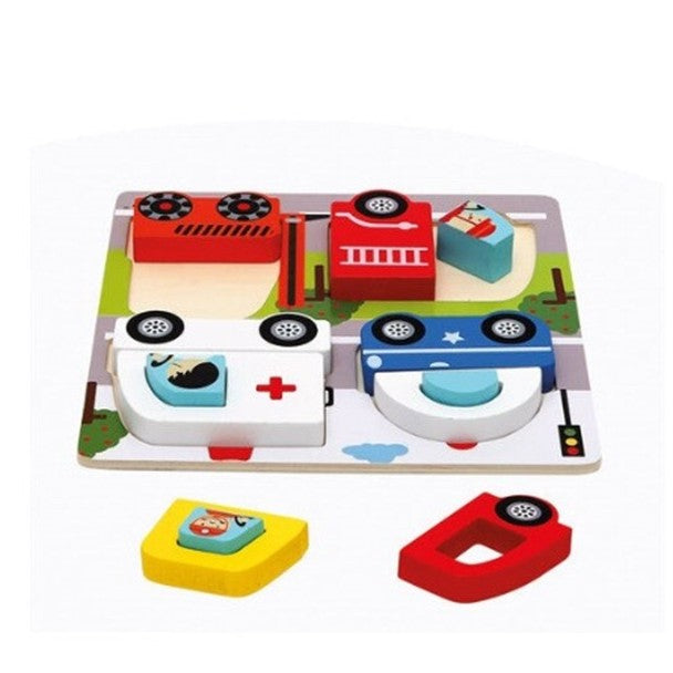 Jucarie Montessori, Puzzle 3D din Lemn, Model Vehicule si Masini, Educativ si Interactiv, Multicolor, 3 Ani+, 18 x 18 x 1.5 cm