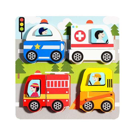 Jucarie Montessori, Puzzle 3D din Lemn, Model Vehicule si Masini, Educativ si Interactiv, Multicolor, 3 Ani+, 18 x 18 x 1.5 cm