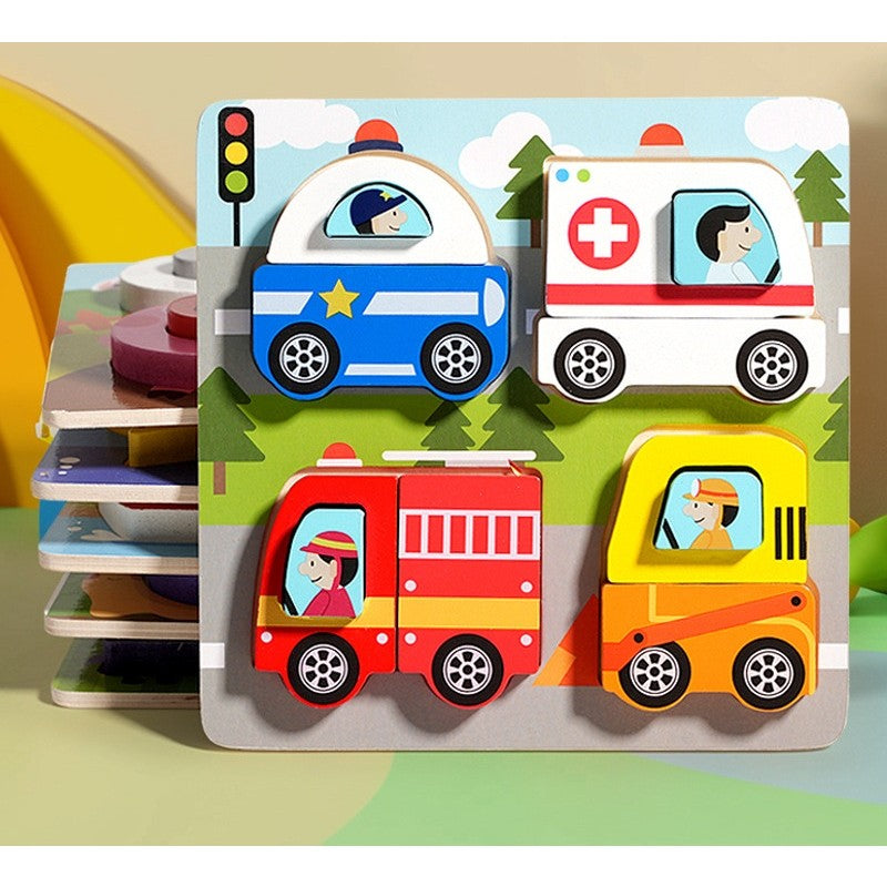 Jucarie Montessori, Puzzle 3D din Lemn, Model Vehicule si Masini, Educativ si Interactiv, Multicolor, 3 Ani+, 18 x 18 x 1.5 cm