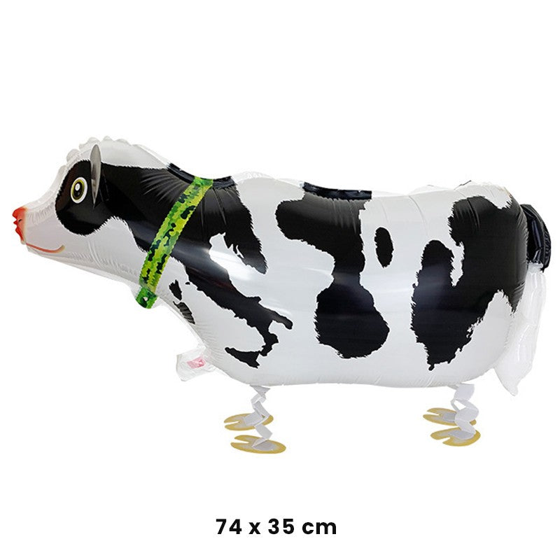Balon din Folie Metalizată, Figurină Animată Model Vacuță, Decor Petrecere, Umflare Aer sau Heliu, include Pai, 74x35 cm, Alb-Negru