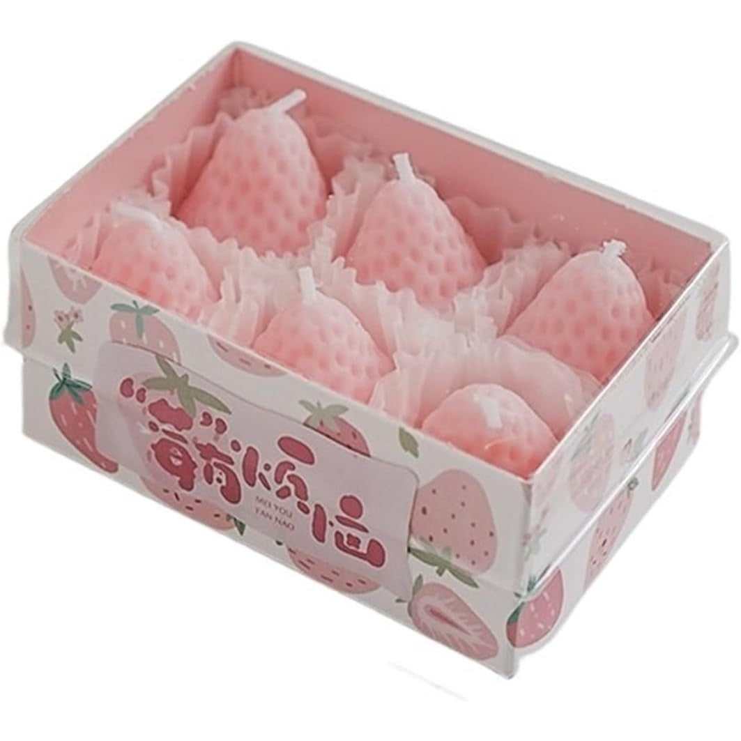 Set 6 Lumanari Parfumate, Forma Capsuni, Aroma Capsuni, Mixt Ceara Soia si Parafina, Turnate Manual, Ardere 30-45 min, Roz, 78g