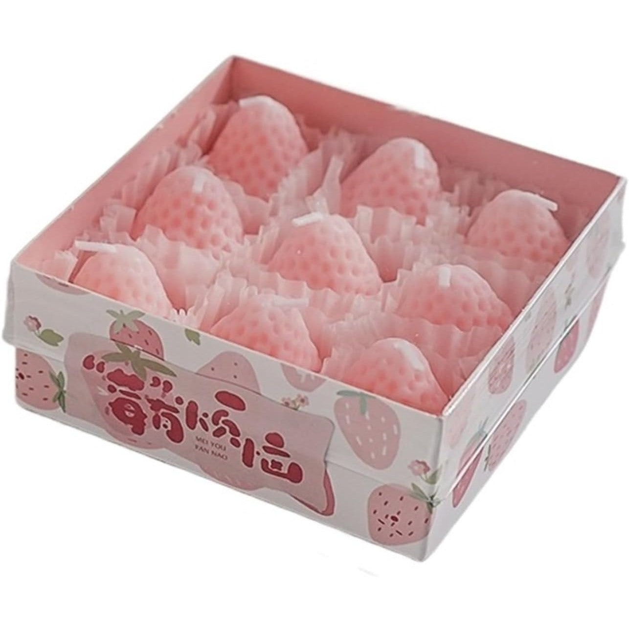 Set 9 Lumanari Parfumate in Forma de Capsuna, Aroma de Capsuni, Mix Ceara de Soia si Parafina, Timp Ardere 30-45 min, 117g, Roz