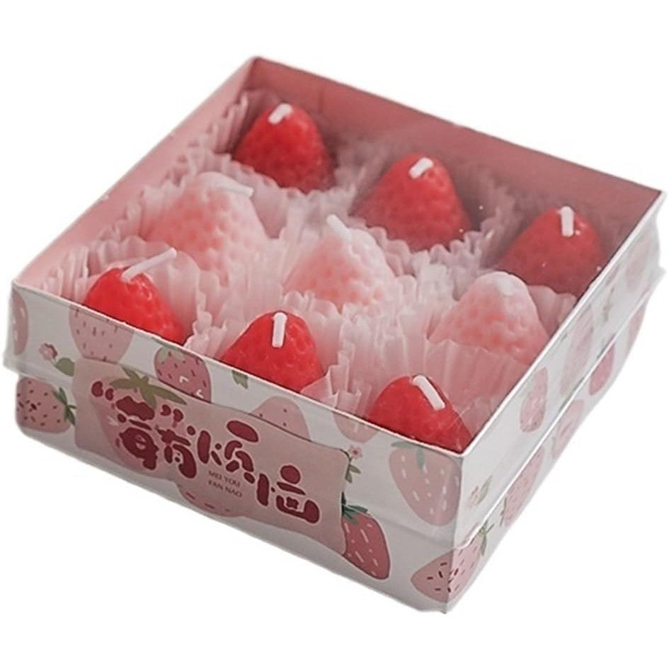 Set 9 Lumanari Parfumate in Forma de Capsuni, Aroma de Capsuni, Amestec Ceara de Soia si Parafina, Turnate Manual, Ardere 30-45 min, 117g, Roz si Rosu