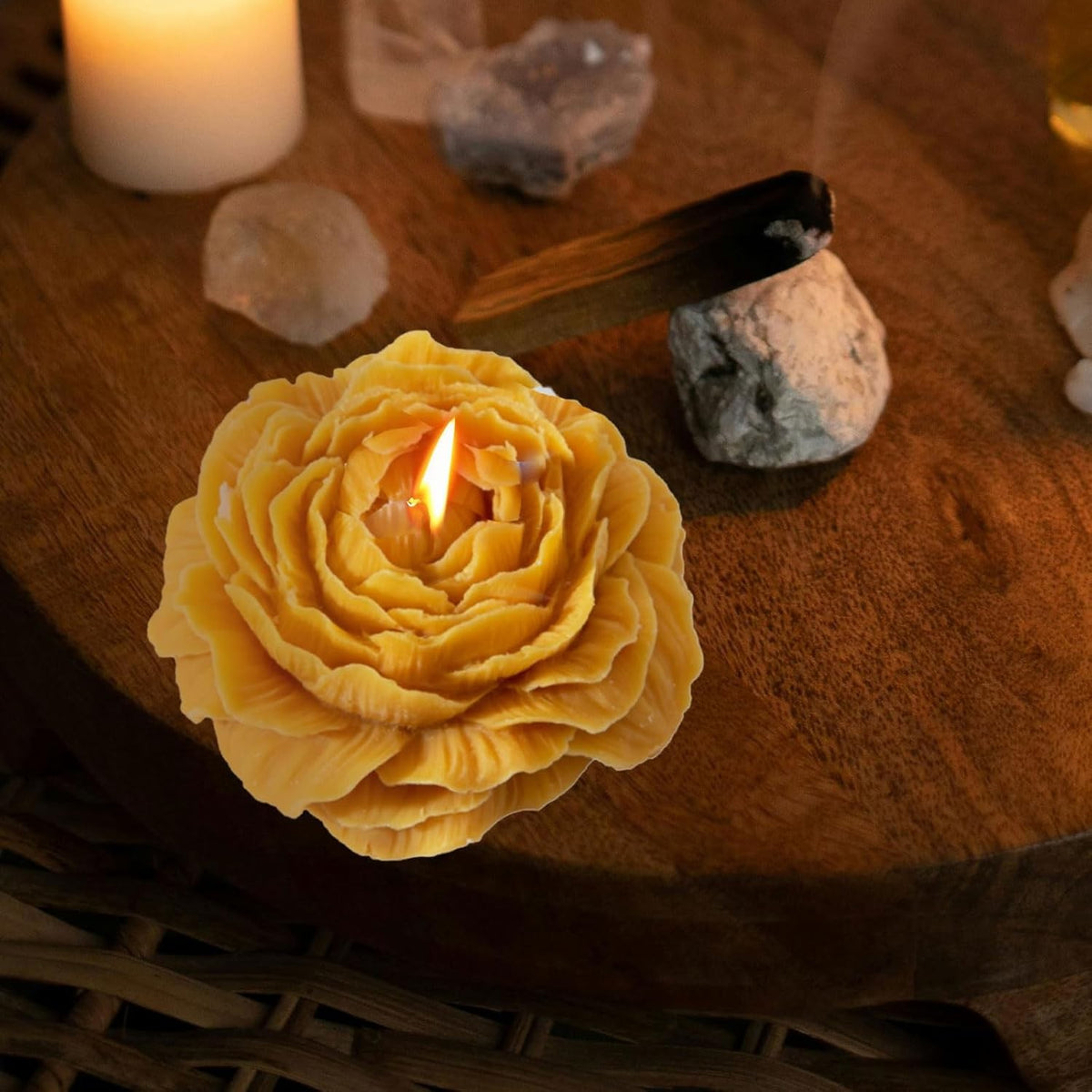 Lumânare Parfumată Decorativă, Model Trandafir, Timp Ardere 10 Ore, Ceară Mixtă, Parfum de Citrice, Portocaliu, 70 g, 7.5 x 3.5 cm