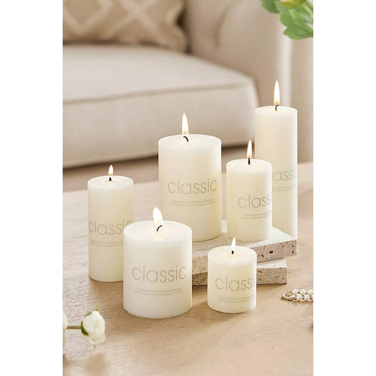 Lumânare Decorativă Cilindrică, Fără Fum și Fără Parfum, Ardere Curată 36h, Parafină, 5 x 7.5 cm, 130 g, Ivory Alb