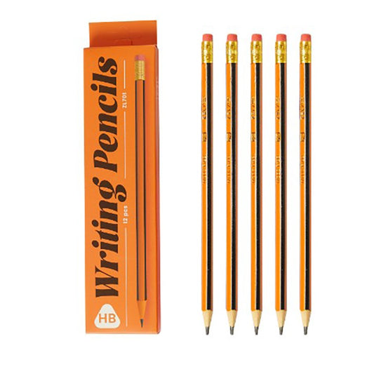 Set 12 Creioane Grafit HB cu Radiera, Creioane Negre pentru Scoala si Birou, Lemn, Model Portocaliu-Negru, 19 cm