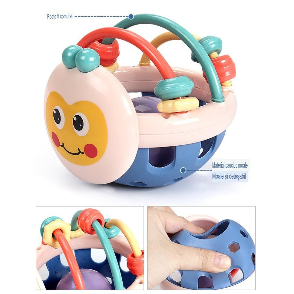Minge Interactiva Bebelusi, Jucarie pentru Dentitie si Dezvoltare Senzoriala, Zornaitoare Flexibila din Cauciuc Moale si ABS, 0-12 Luni, 10.5 cm, Roz-Multicolor
