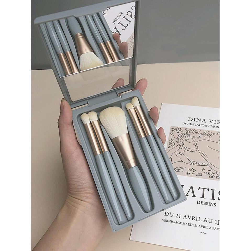 Set 5 Pensule Machiaj cu Peri Moi, Suport pentru Depozitare si Oglinda Integrata, Design Ergonomic, Albastru