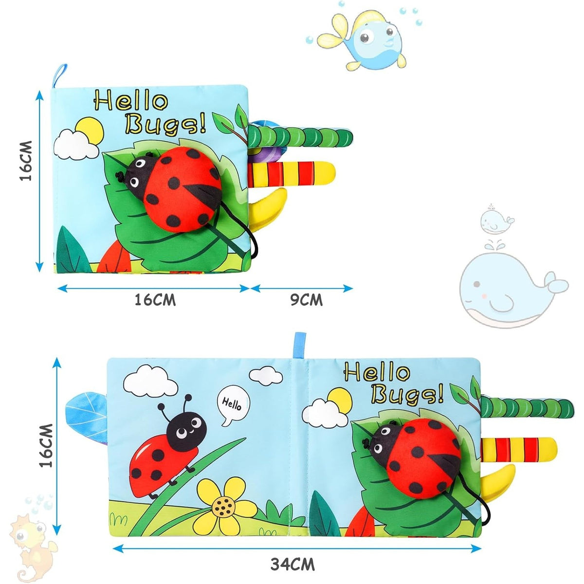 Carte Senzoriala pentru Bebelusi, Animale 3D cu Sunete si Fosnete, Educativa si Interactiva, Material Moale Lavabil, 0-3 Ani, Model Buburuza, 15x16x4 cm, Multicolor