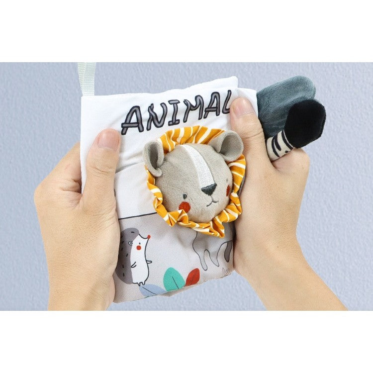 Carte Senzoriala pentru Bebeluși, Animăluțe 3D cu Sunete și Foșnete, Material Textil Lavabil, 0-3 Ani, 15x16x6 cm, Model Leu, Gri