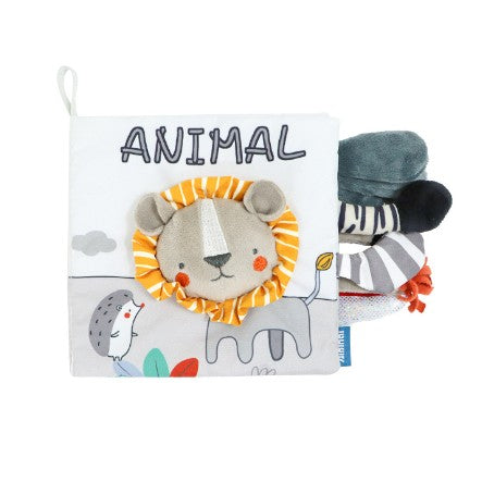 Carte Senzoriala pentru Bebeluși, Animăluțe 3D cu Sunete și Foșnete, Material Textil Lavabil, 0-3 Ani, 15x16x6 cm, Model Leu, Gri
